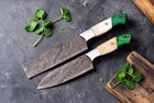 Custom Hand Made Damascus Steel CHEF Set Kitchen Bread Knife & Chef Knife 1495